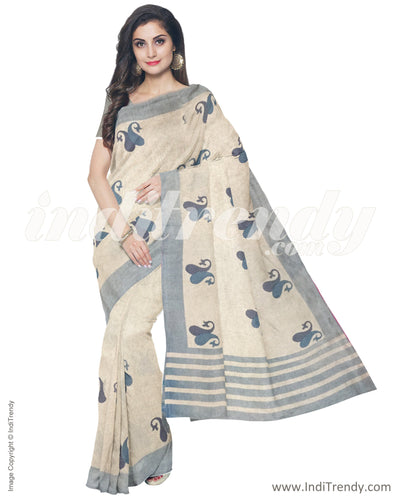 IMR-2377 - Beige & Multi Blended Tussar Saree