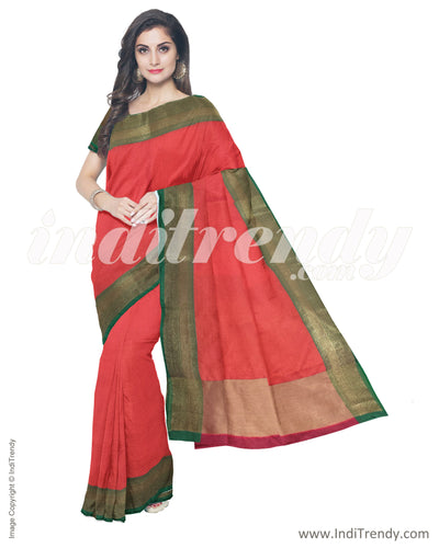 IMR-28238 - Orange & Green Cotton Silk Saree