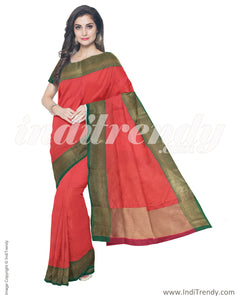IMR-28238 - Orange & Green Cotton Silk Saree