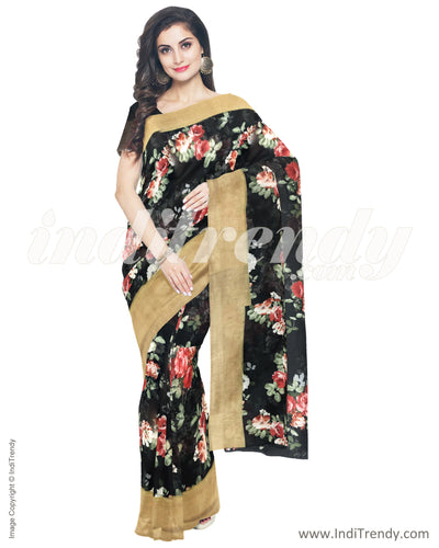 IMS-13590 - Black & Multi Blended Tussar Saree