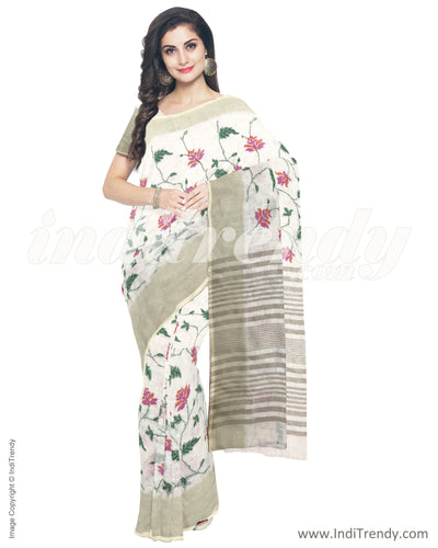 IMR-23324 - Cream &  Pure Linen Saree