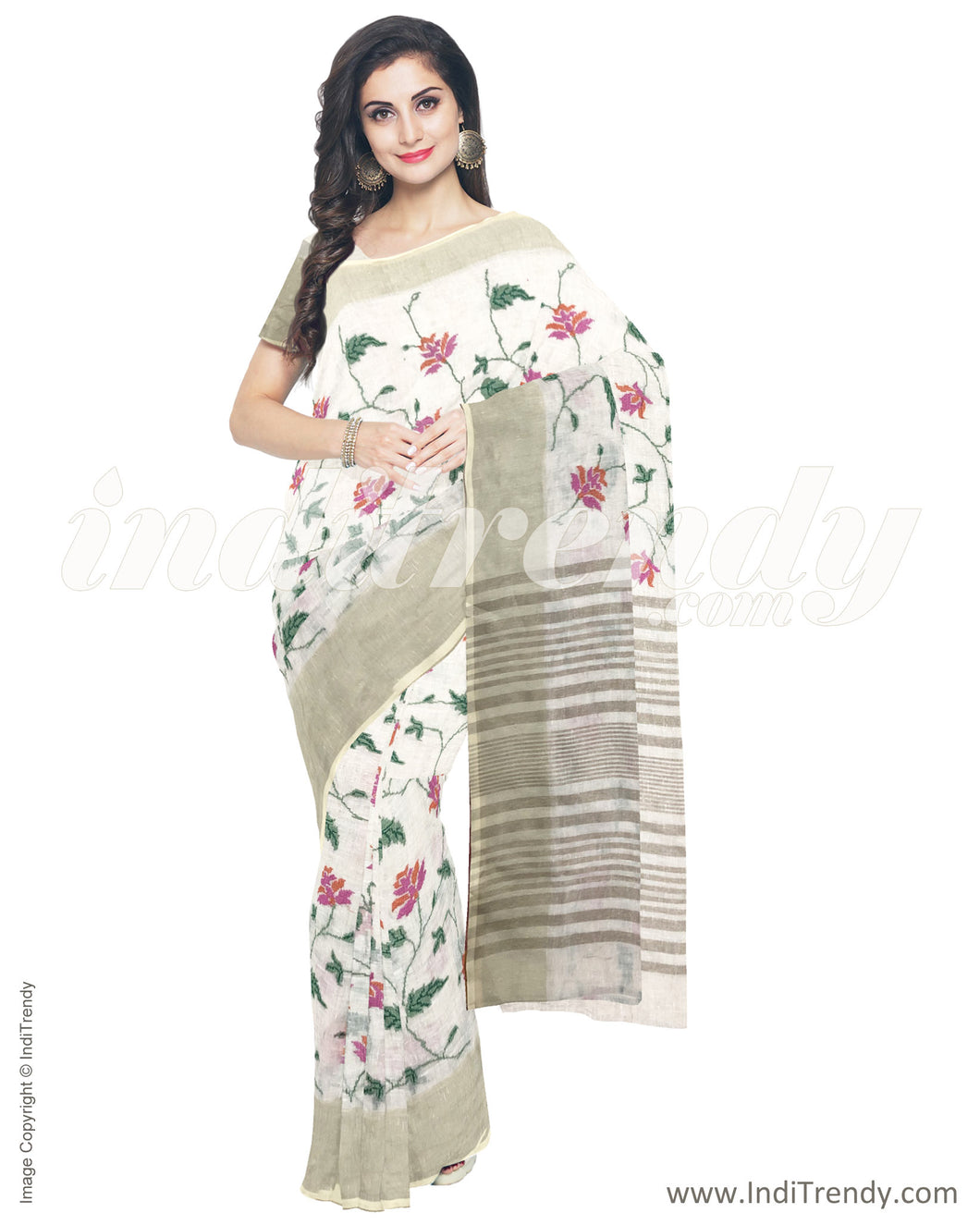 IMR-23324 - Cream &  Pure Linen Saree