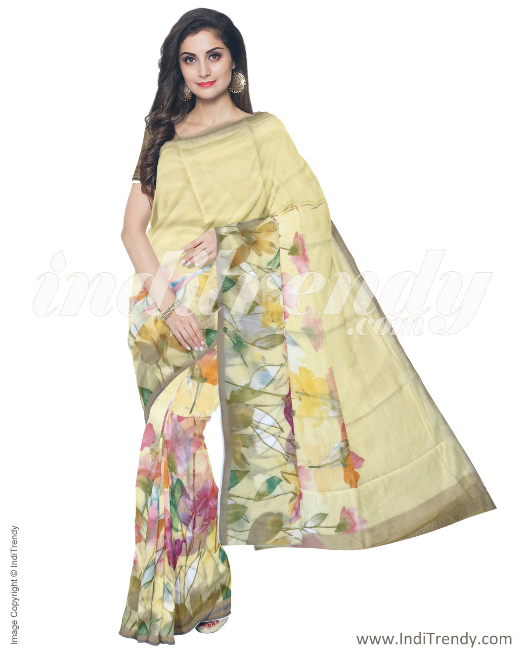 IMR-1277 - Beige & Multi Blended Tussar Saree