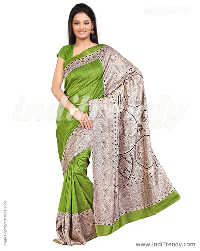 IQ-0001 - Green & Beige Blended Tussar Saree