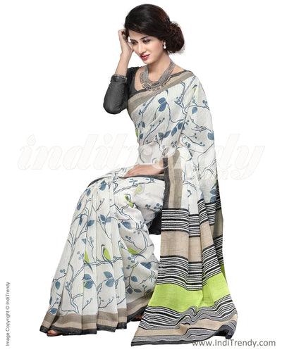 IQ-0003 - White & Multi Faux Linen Saree