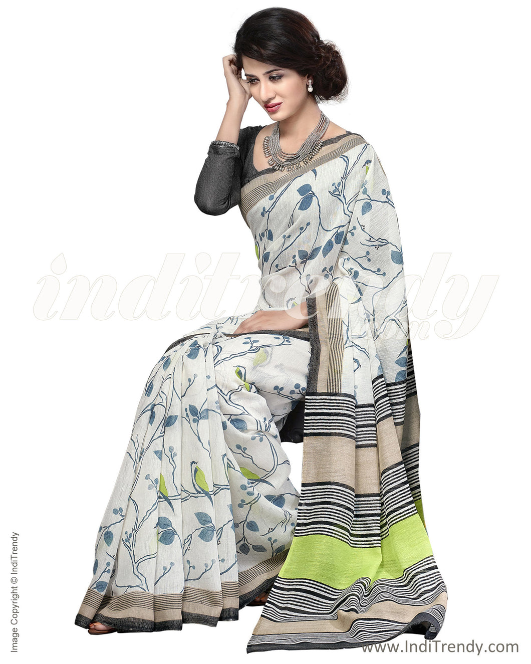 IQ-0003 - White & Multi Faux Linen Saree