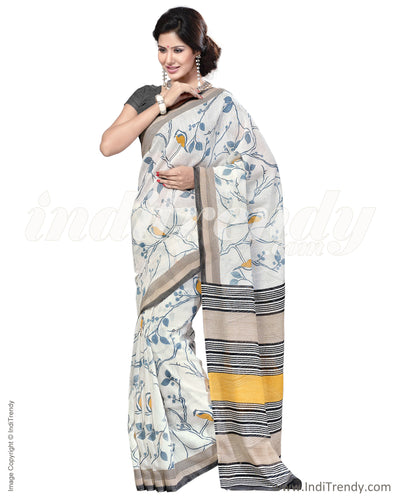 IQ-0004 - White & Multi Faux Linen Saree