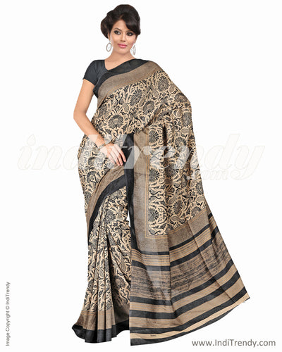 IQ-0005 - Beige & Black Blended Tussar Saree