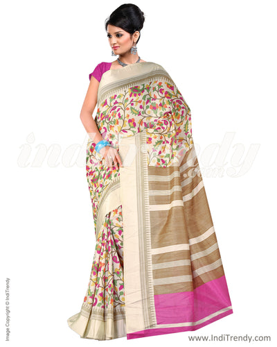 IQ-0012 - Beige & Multi Blended Tussar Saree