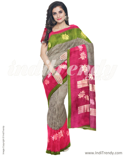 ISRO-14085 - White & Pink Blended Tussar Saree